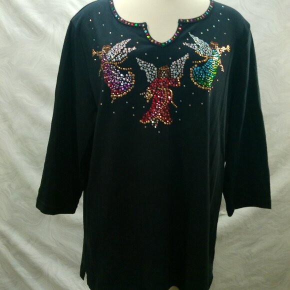 Quacker Factory Rhinestone Christmas 3/4 Sleeve Knit Top Size XL - Picture 1 of 16